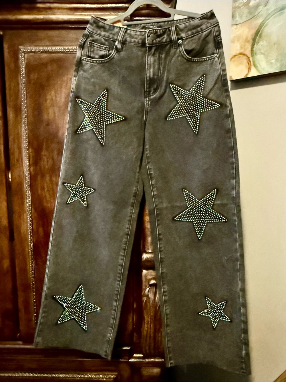 American Bazi - Black Washed Star-Embellished Wide Leg Jeans - Women's